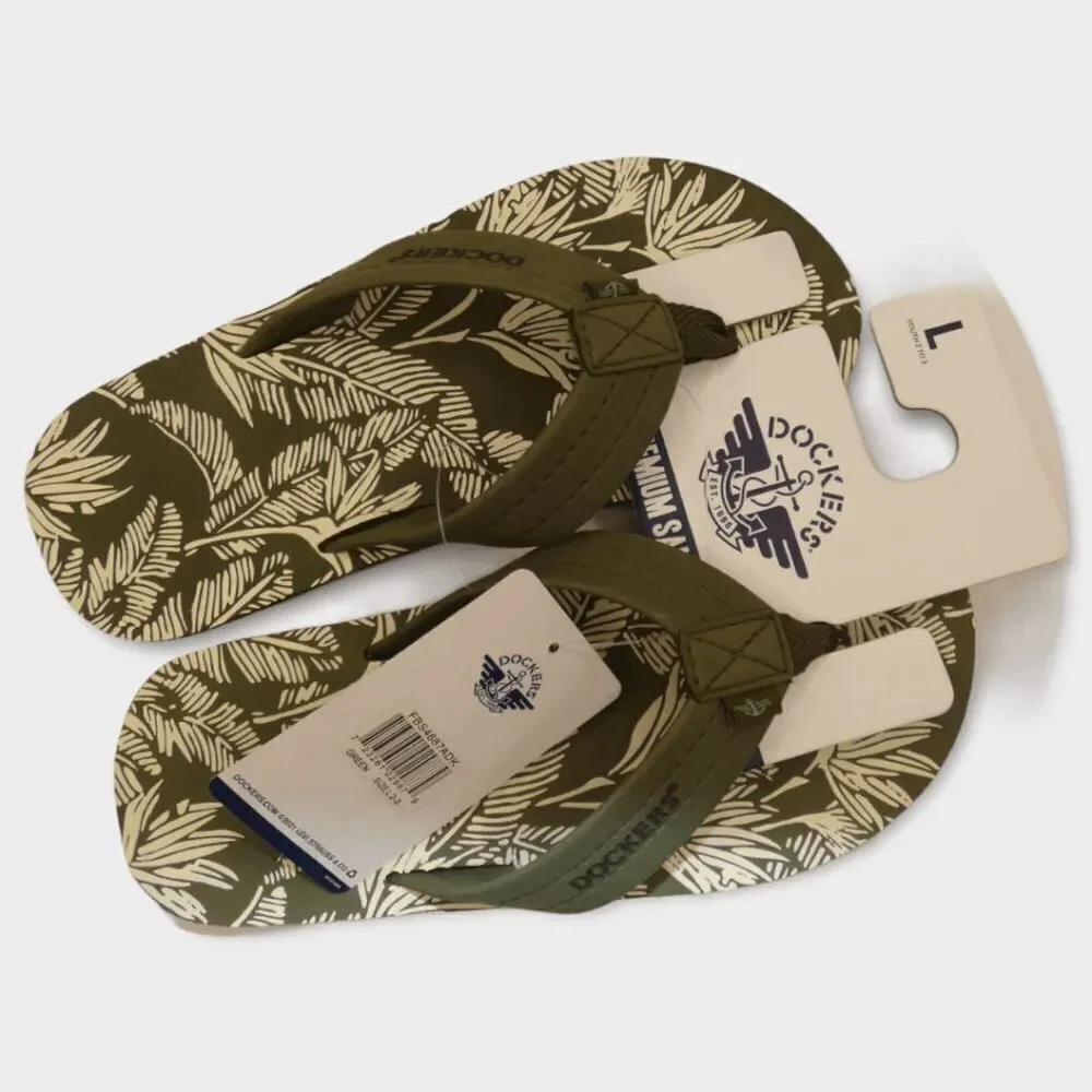 Dockers Premium Flip Flops Green Tropical Palm Print Youth L 2-3 Sandals